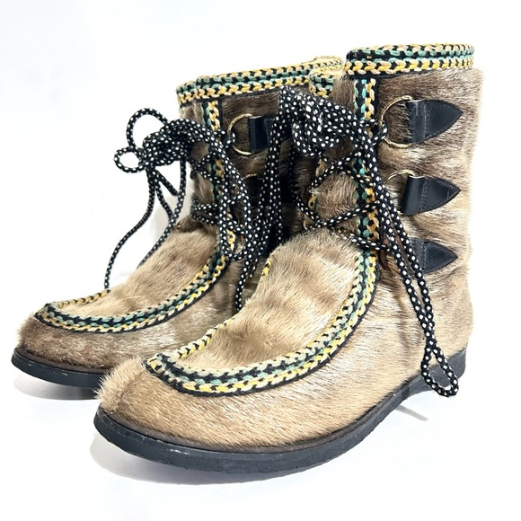Vintage 80s Seal Skin Lace Up Winter Boots Shearling Braided & Leather Trim 6.5 - Picture 2 of 16